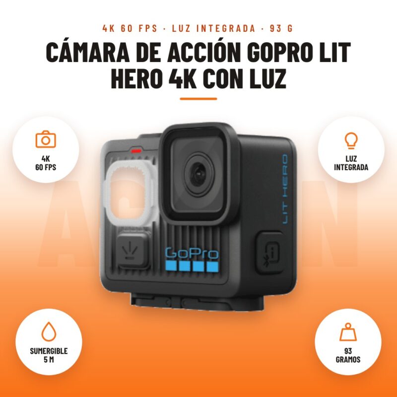 Cámara de Acción GoPro LIT HERO 4K con Luz: imagen promocional con 4k 60 fps, luz integrada, sumergible 5 m, 93 gramos