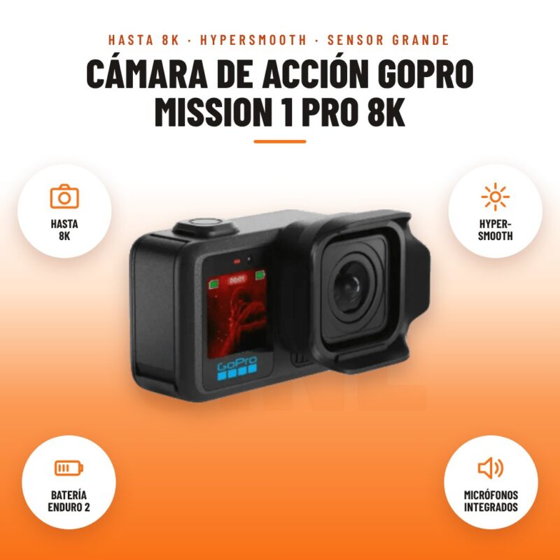 Cámara de Acción GoPro MISSION 1 PRO 8K: imagen promocional con hasta 8k, hyper- smooth, batería enduro 2, micrófonos integrados