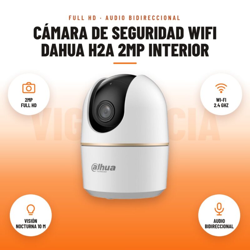 Cámara de Seguridad WiFi Dahua H2A 2MP Interior: imagen promocional con 2mp full hd, wi-fi 2.4 ghz, visión nocturna 10 m, audio bidireccional