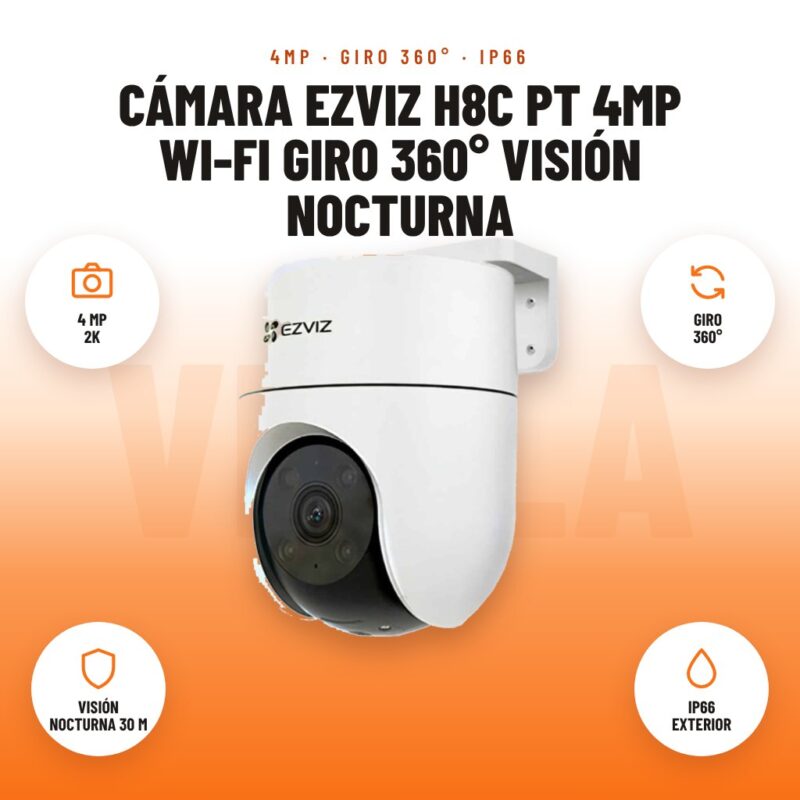 Cámara EZVIZ H8C PT 4MP Wi-Fi Giro 360° Visión Nocturna: imagen promocional con 4 mp 2k, giro 360°, visión nocturna 30 m, ip66 exterior