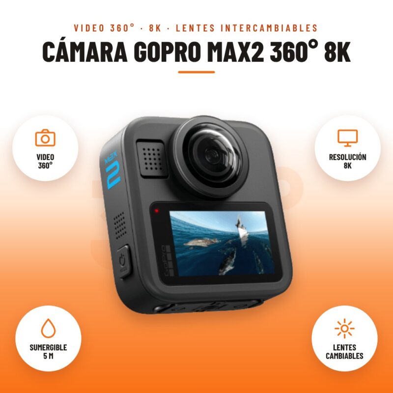 Cámara GoPro MAX2 360° 8K: imagen promocional con video 360°, resolución 8k, sumergible 5 m, lentes cambiables