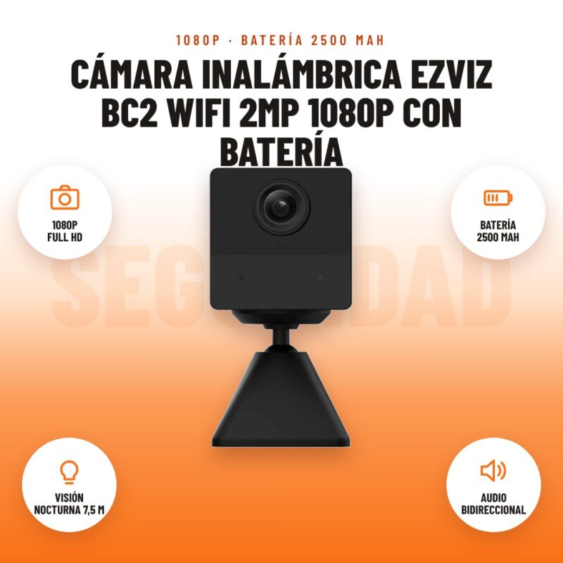 Cámara Inalámbrica Ezviz BC2 WiFi 2MP 1080p con Batería: imagen promocional con 1080p full hd, batería 2500 mah, visión nocturna 7,5 m, audio bidireccional