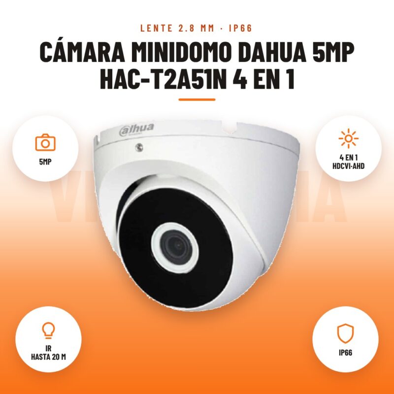 Cámara Minidomo Dahua 5MP HAC-T2A51N 4 en 1: imagen promocional con 5mp, 4 en 1 hdcvi·ahd, ir hasta 20 m, ip66