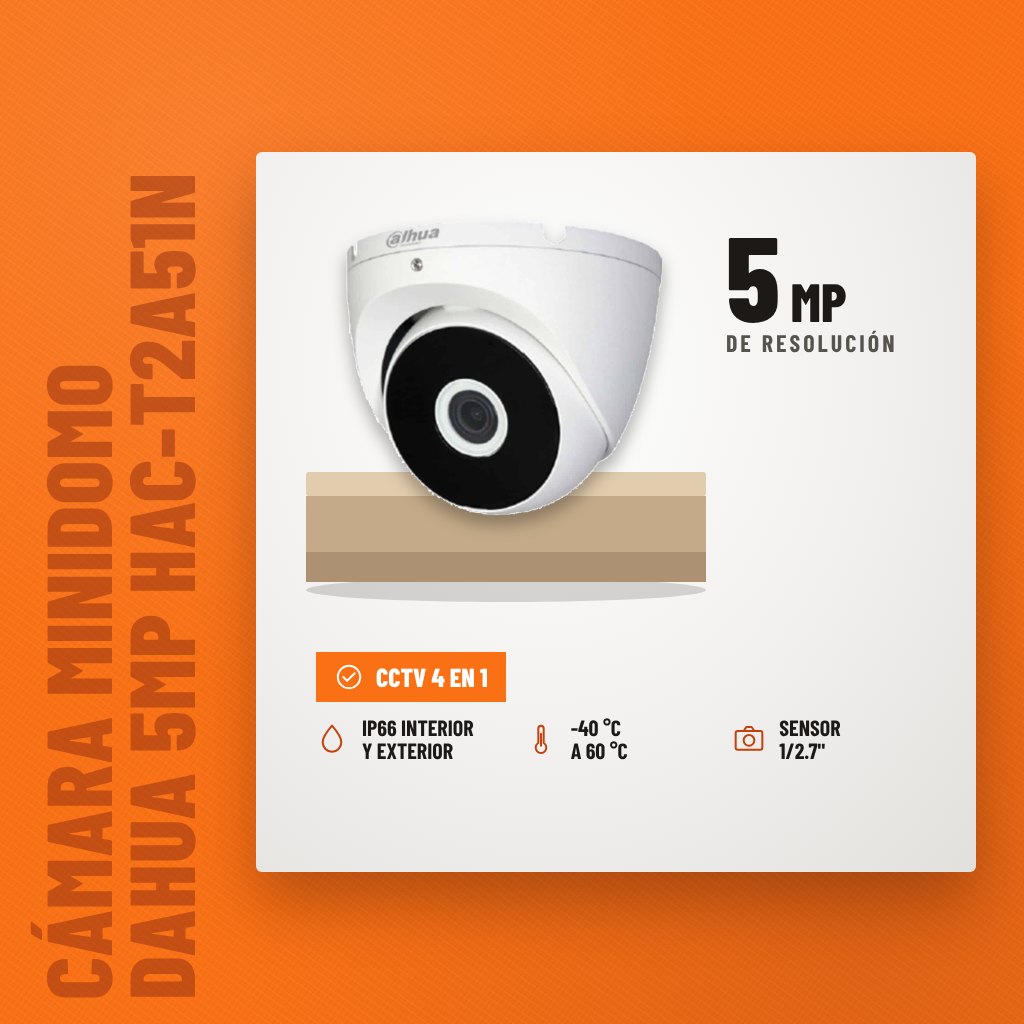 Cámara Minidomo Dahua 5MP HAC-T2A51N 4 en 1 sobre soporte con sus beneficios principales