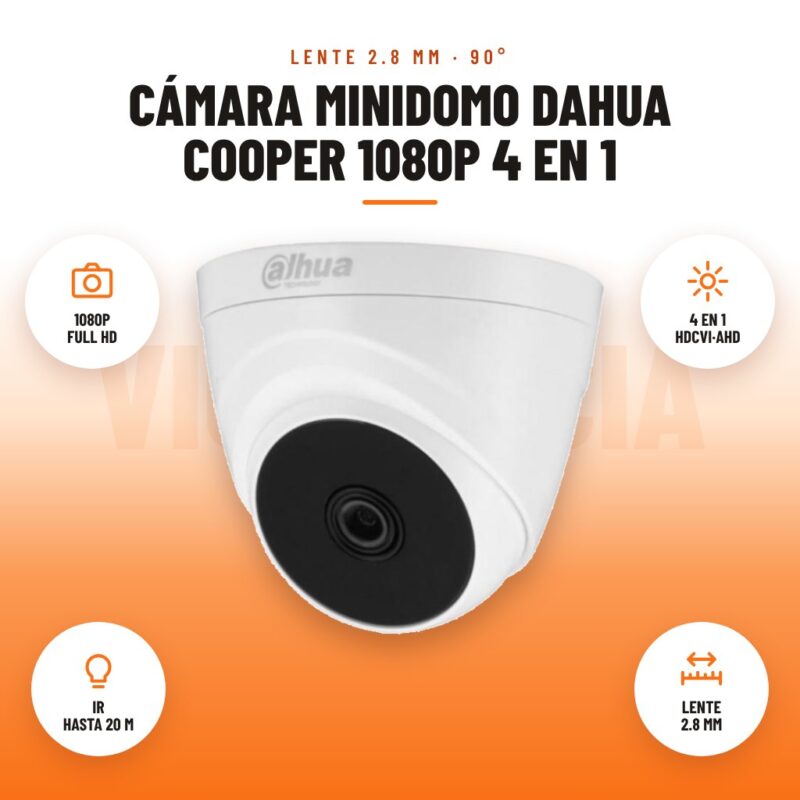 Cámara Minidomo Dahua Cooper 1080P 4 en 1: imagen promocional con 1080p full hd, 4 en 1 hdcvi·ahd, ir hasta 20 m, lente 2.8 mm