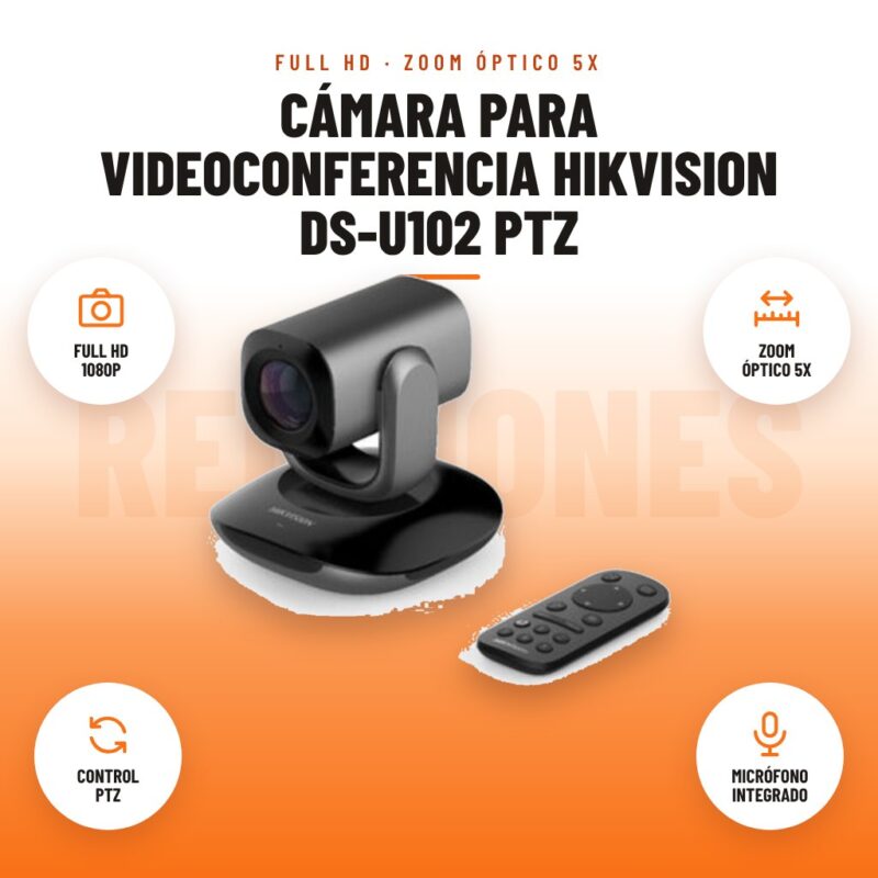 Cámara para Videoconferencia Hikvision DS-U102 PTZ: imagen promocional con full hd 1080p, zoom óptico 5x, control ptz, micrófono integrado