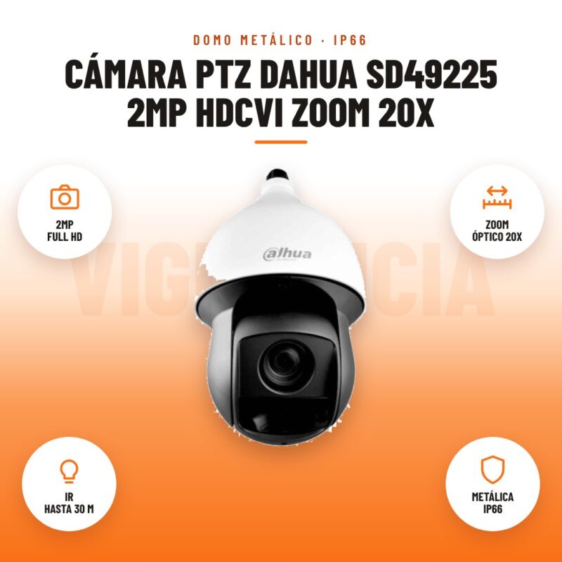 Cámara PTZ Dahua SD49225 2MP HDCVI Zoom 20x: imagen promocional con 2mp full hd, zoom óptico 20x, ir hasta 30 m, metálica ip66