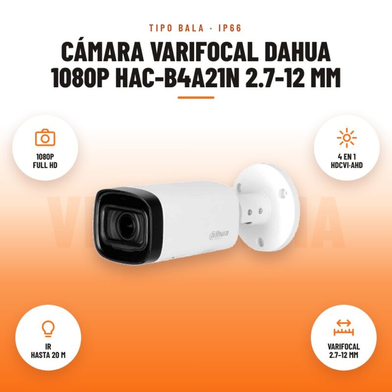 Cámara Varifocal Dahua 1080p HAC-B4A21N 2.7-12 mm: imagen promocional con 1080p full hd, 4 en 1 hdcvi·ahd, ir hasta 20 m, varifocal 2.7–12 mm