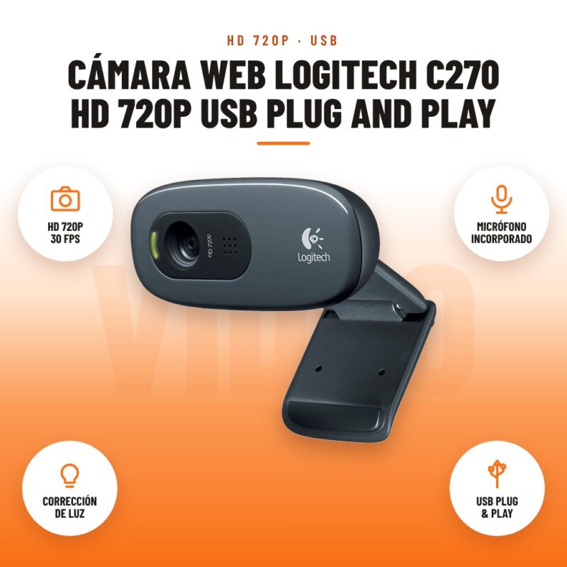 Cámara Web Logitech C270 HD 720p USB Plug and Play: imagen promocional con hd 720p 30 fps, micrófono incorporado, corrección de luz, usb plug & play