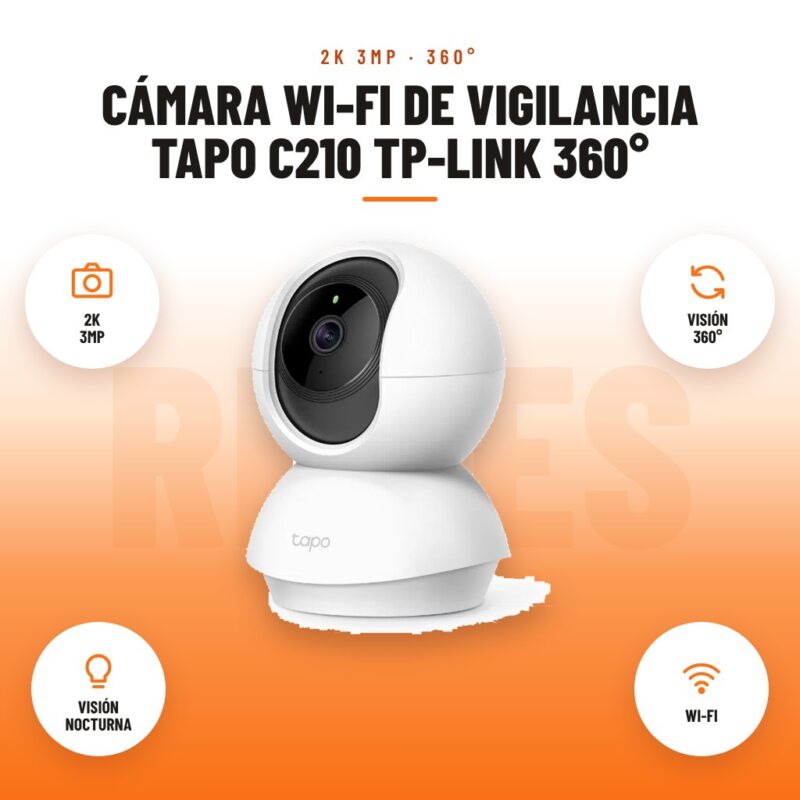 Cámara Wi-Fi de vigilancia Tapo C210 TP-Link 360°: imagen promocional con 2k 3mp, visión 360°, visión nocturna, wi-fi