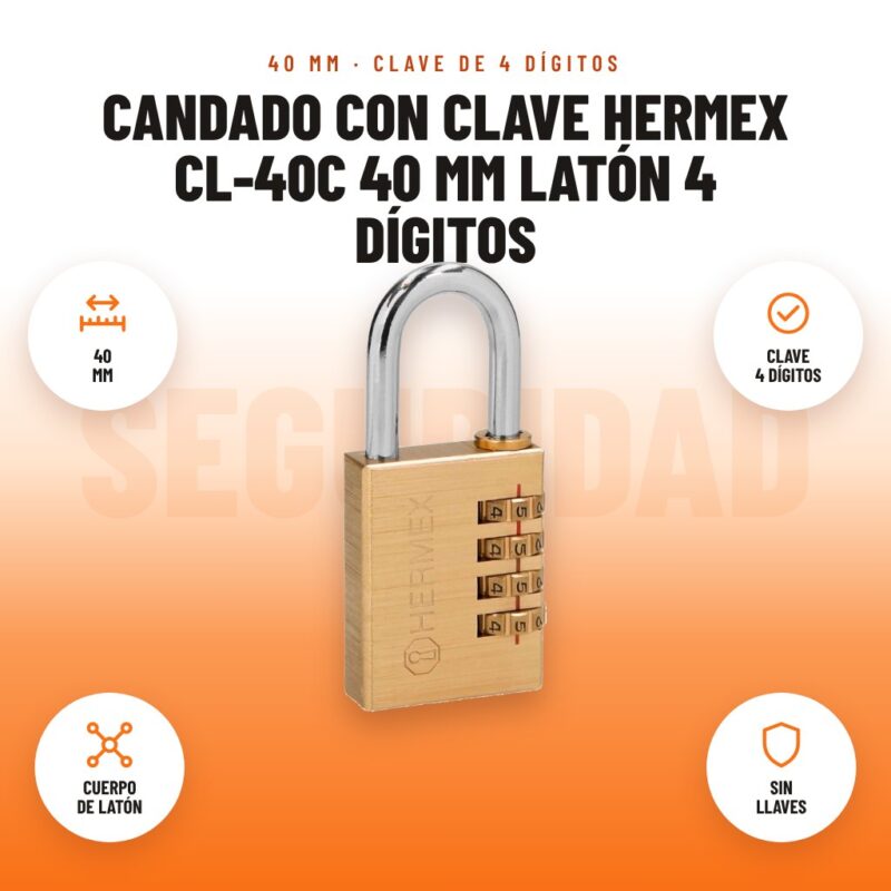 Candado con Clave Hermex CL-40C 40 mm Latón 4 Dígitos: imagen promocional con 40 mm, clave 4 dígitos, cuerpo de latón, sin llaves
