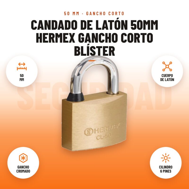 Candado de Latón 50mm Hermex Gancho Corto Blíster: imagen promocional con 50 mm, cuerpo de latón, gancho cromado, cilindro 6 pines