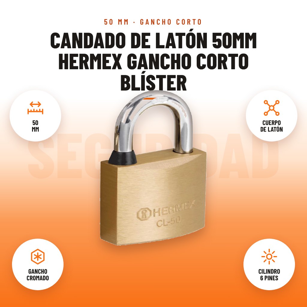 Candado de Latón 50mm Hermex Gancho Corto Blíster: imagen promocional con 50 mm, cuerpo de latón, gancho cromado, cilindro 6 pines