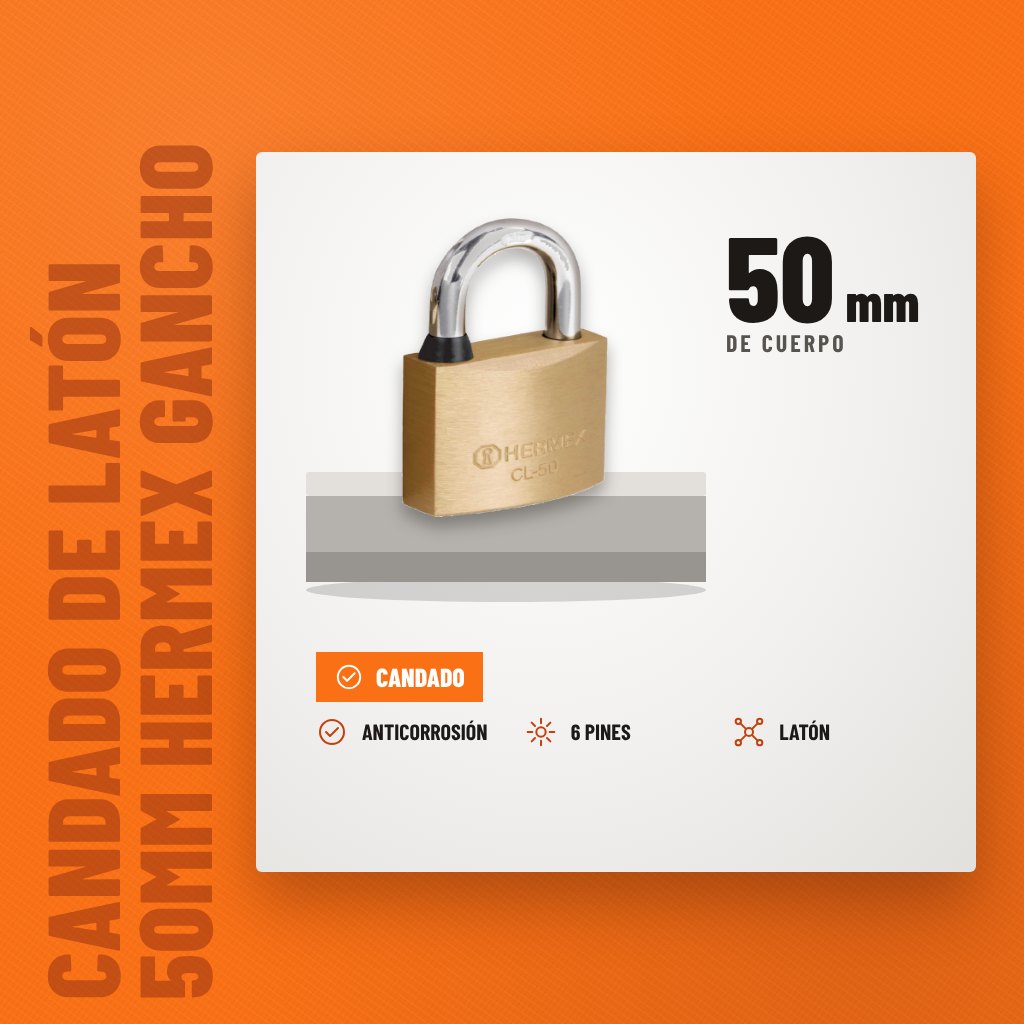 Candado de Latón 50mm Hermex Gancho Corto Blíster sobre soporte con sus beneficios principales
