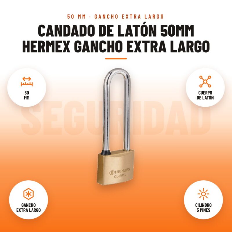 Candado de Latón 50mm Hermex Gancho Extra Largo: imagen promocional con 50 mm, cuerpo de latón, gancho extra largo, cilindro 5 pines