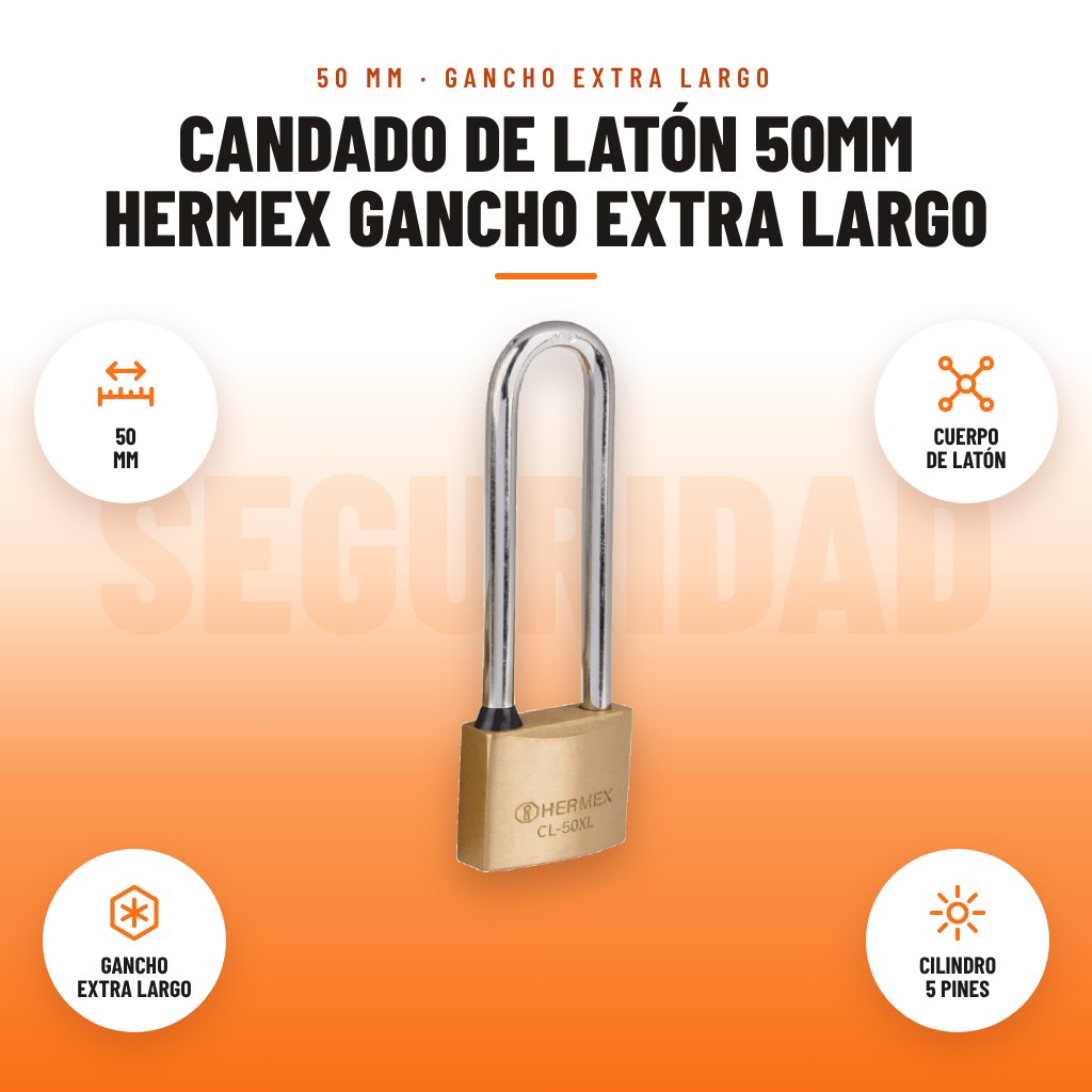 Candado de Latón 50mm Hermex Gancho Extra Largo: imagen promocional con 50 mm, cuerpo de latón, gancho extra largo, cilindro 5 pines