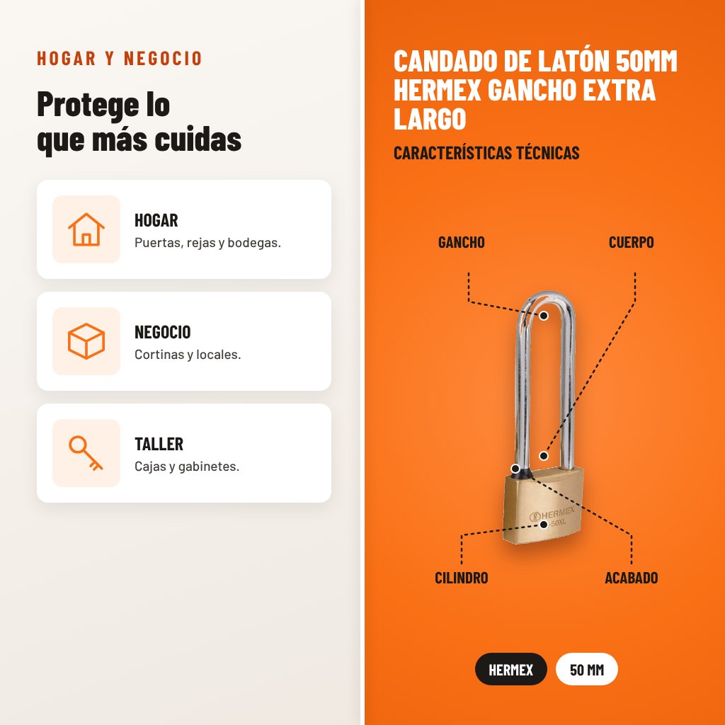 Candado de Latón 50mm Hermex Gancho Extra Largo: usos y características técnicas señaladas