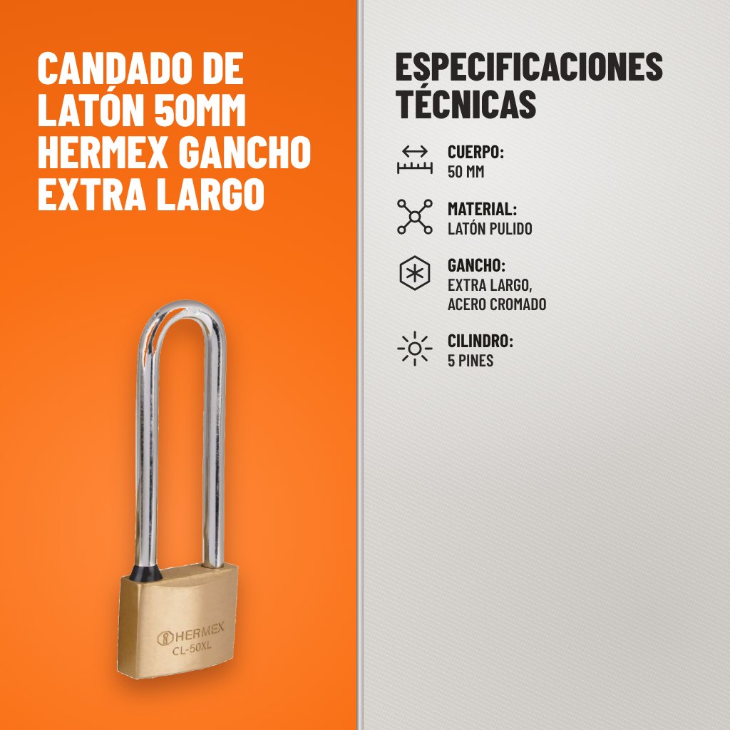 Especificaciones técnicas de Candado de Latón 50mm Hermex Gancho Extra Largo