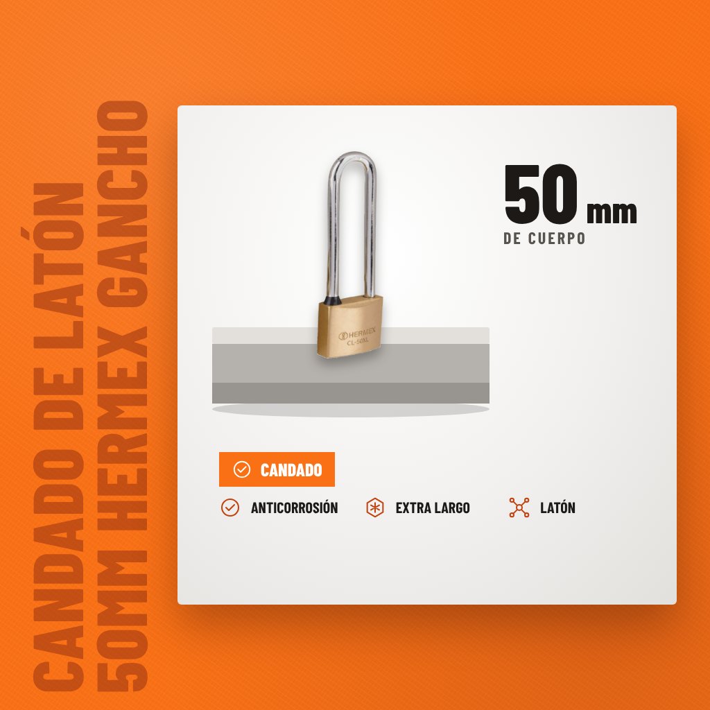 Candado de Latón 50mm Hermex Gancho Extra Largo sobre soporte con sus beneficios principales