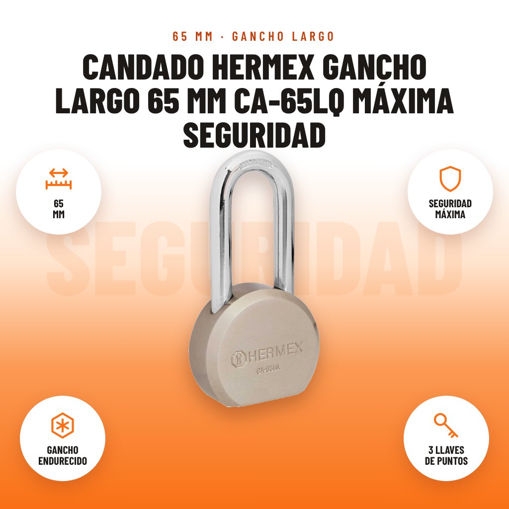 Candado Hermex Gancho Largo 65 mm CA-65LQ Máxima Seguridad: imagen promocional con 65 mm, seguridad máxima, gancho endurecido, 3 llaves de puntos