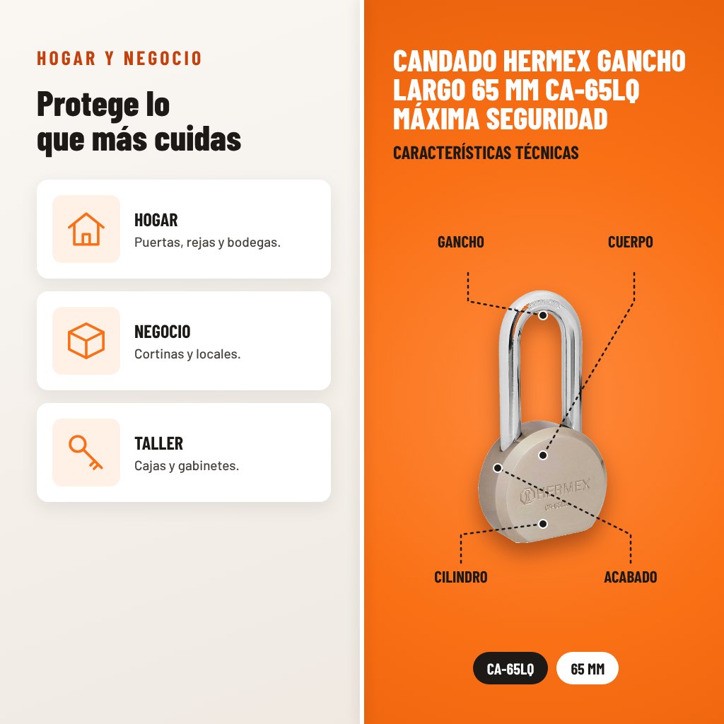 Candado Hermex Gancho Largo 65 mm CA-65LQ Máxima Seguridad: usos y características técnicas señaladas