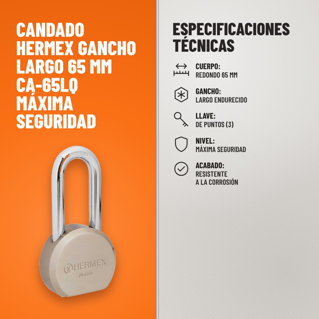 Especificaciones técnicas de Candado Hermex Gancho Largo 65 mm CA-65LQ Máxima Seguridad