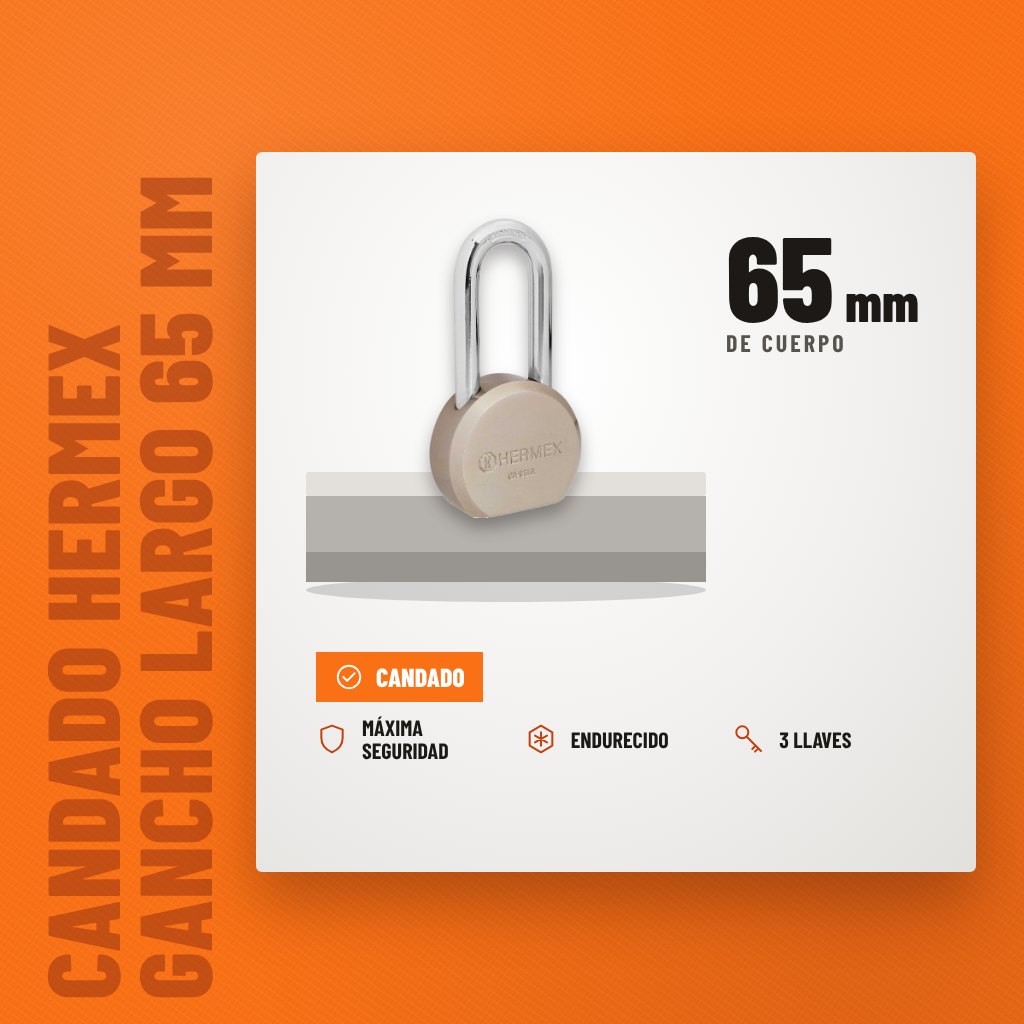 Candado Hermex Gancho Largo 65 mm CA-65LQ Máxima Seguridad sobre soporte con sus beneficios principales