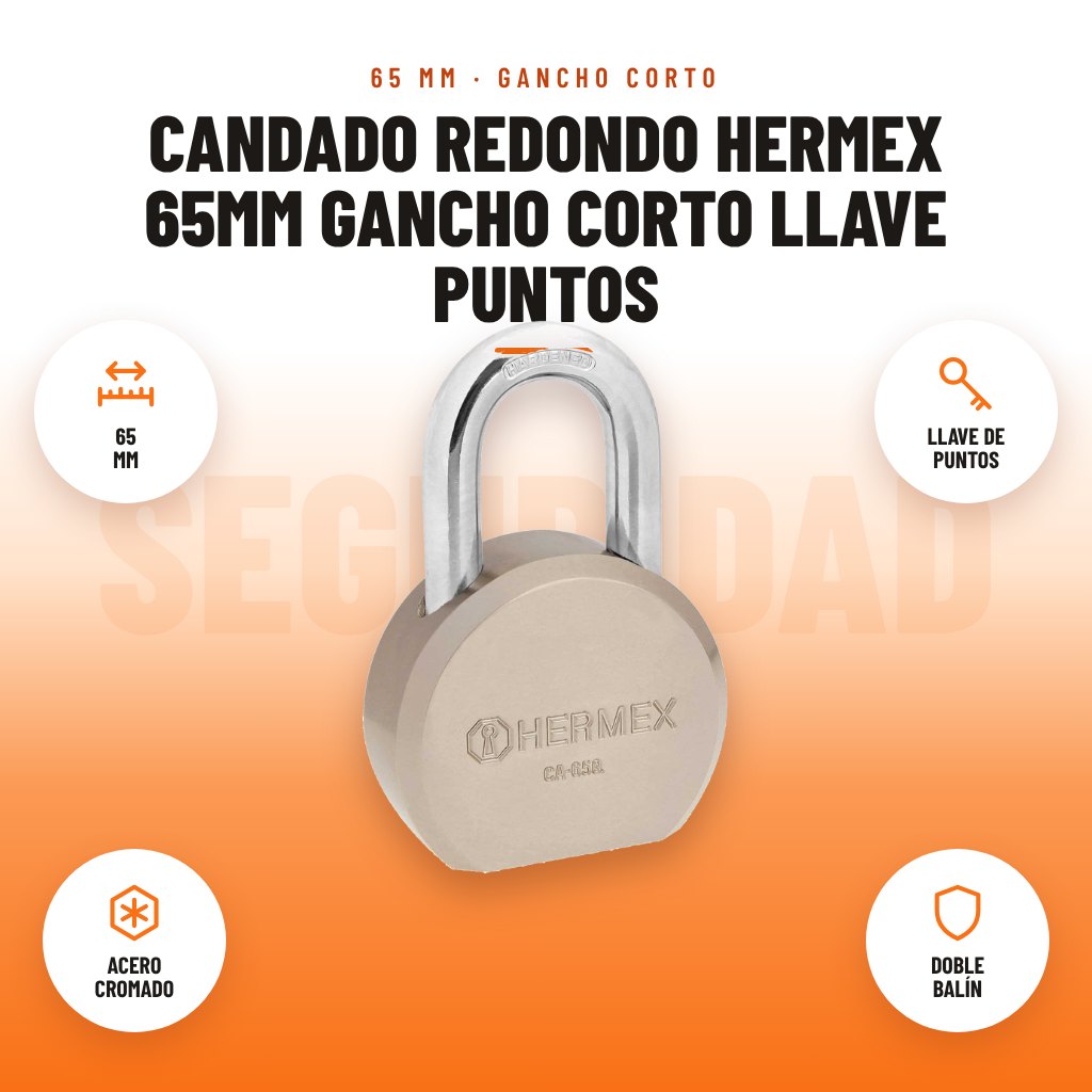 Candado Redondo Hermex 65mm Gancho Corto Llave Puntos: imagen promocional con 65 mm, llave de puntos, acero cromado, doble balín