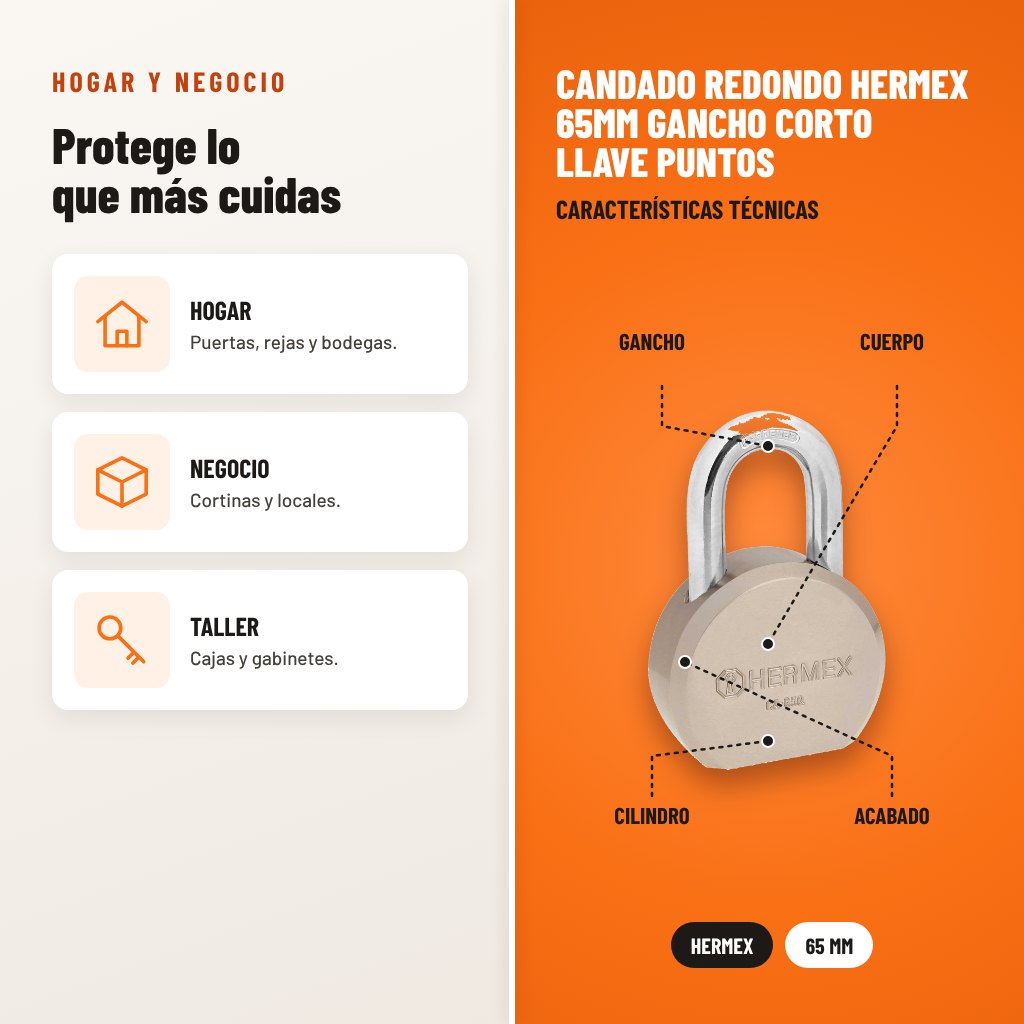 Candado Redondo Hermex 65mm Gancho Corto Llave Puntos: usos y características técnicas señaladas