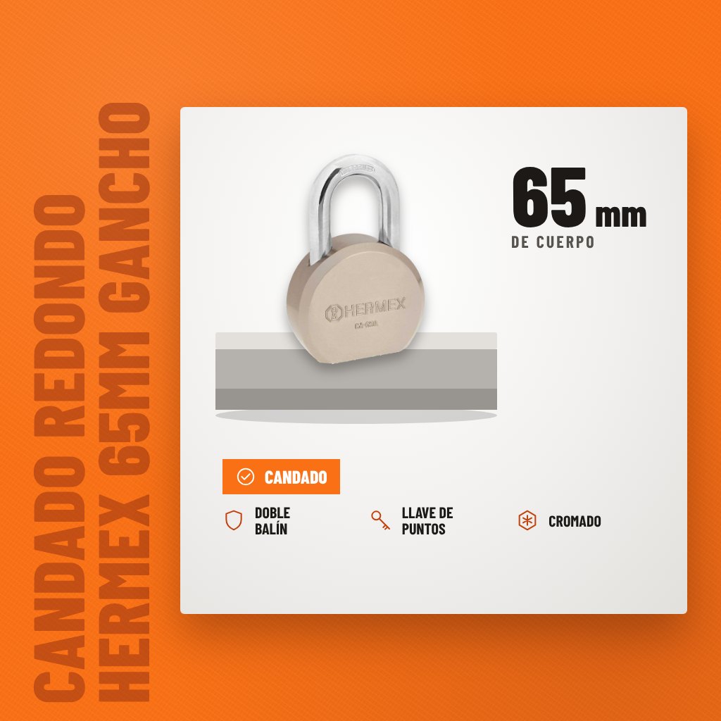 Candado Redondo Hermex 65mm Gancho Corto Llave Puntos sobre soporte con sus beneficios principales