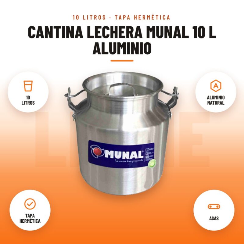 Cantina Lechera Munal 10 L Aluminio: imagen promocional con 10 litros, aluminio natural, tapa hermética, asas