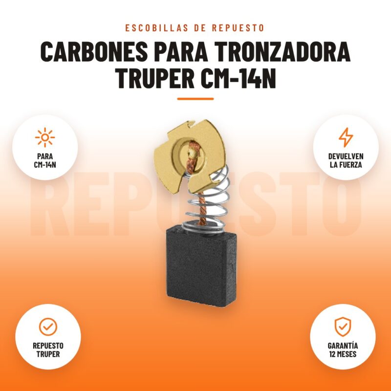 Carbones para Tronzadora Truper CM-14N: imagen promocional con para cm-14n, devuelven la fuerza, repuesto truper, garantía 12 meses