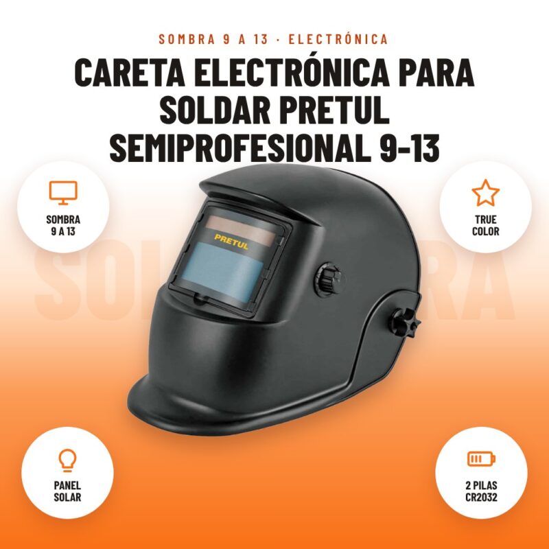 Careta Electrónica para Soldar Pretul Semiprofesional 9-13: imagen promocional con sombra 9 a 13, true color, panel solar, 2 pilas cr2032