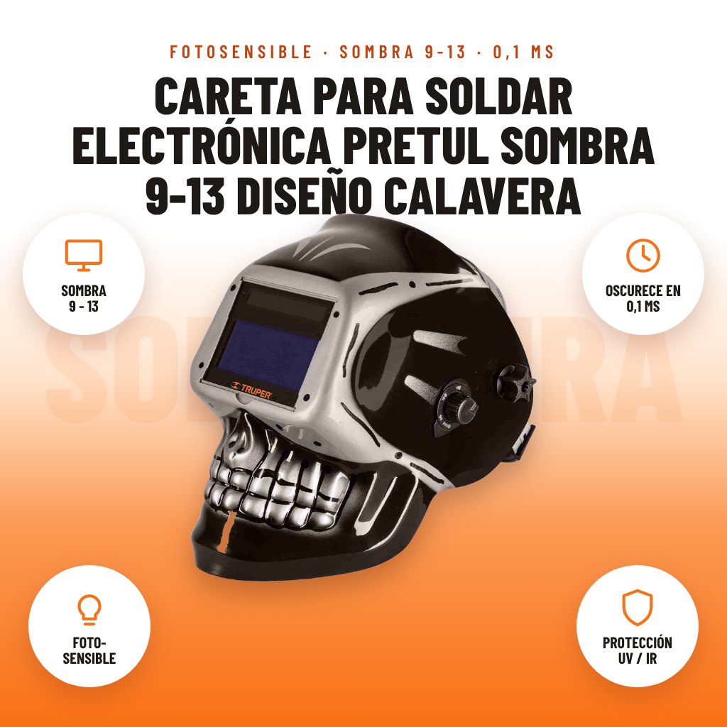 Careta para Soldar Electrónica Pretul Sombra 9-13 Diseño Calavera: imagen promocional con sombra 9 - 13, oscurece en 0,1 ms, foto- sensible, protección uv / ir