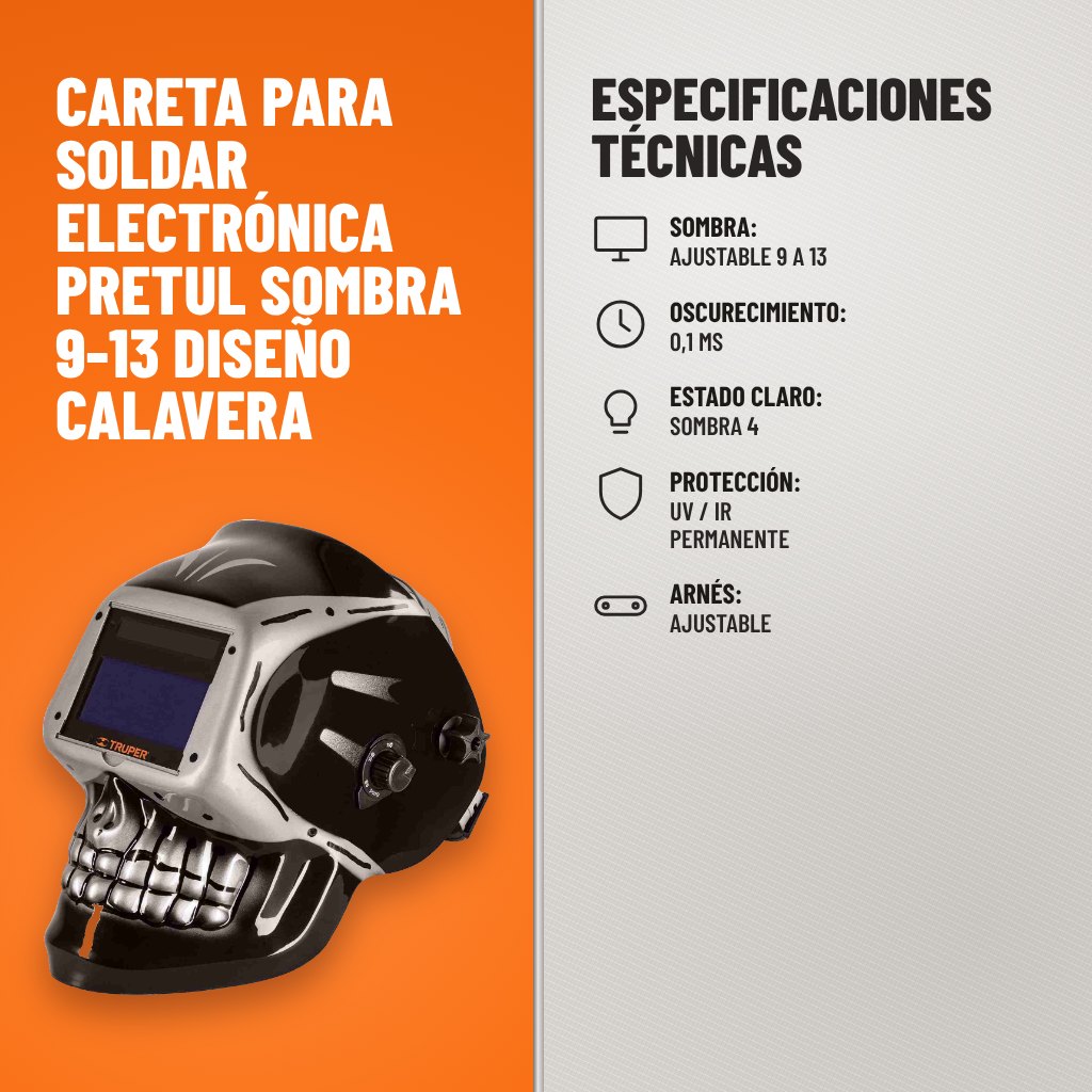 Especificaciones técnicas de Careta para Soldar Electrónica Pretul Sombra 9-13 Diseño Calavera