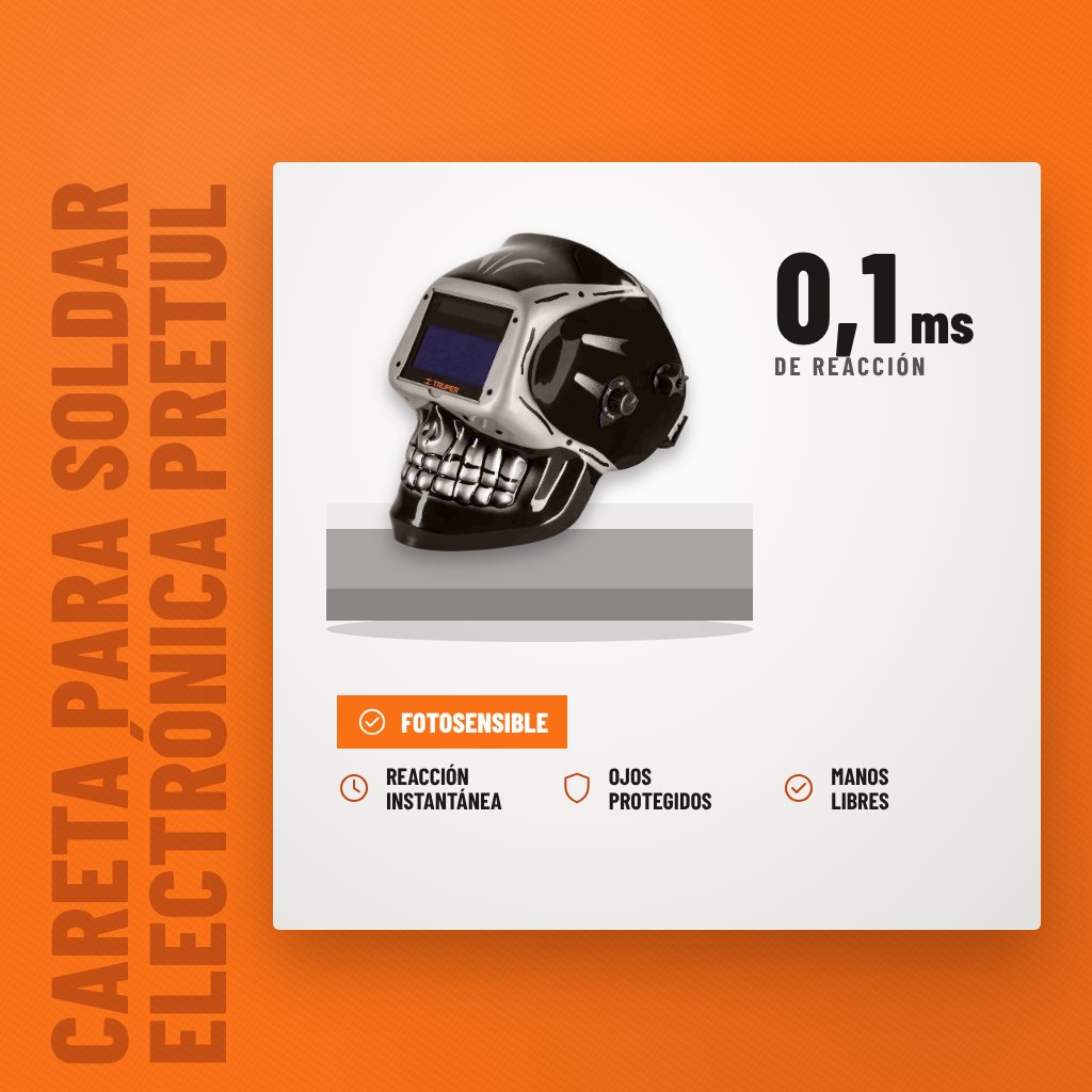 Careta para Soldar Electrónica Pretul Sombra 9-13 Diseño Calavera sobre soporte con sus beneficios principales