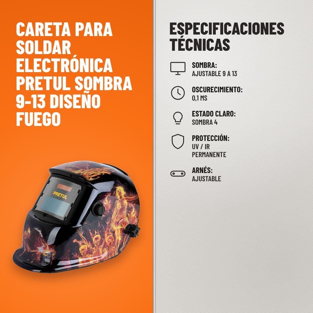 Especificaciones técnicas de Careta para Soldar Electrónica Pretul Sombra 9-13 Diseño Fuego