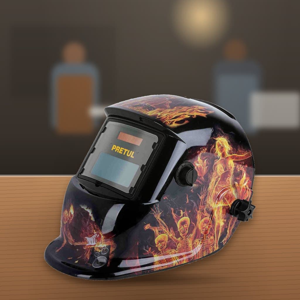 Careta para Soldar Electrónica Pretul Sombra 9-13 Diseño Fuego en un taller