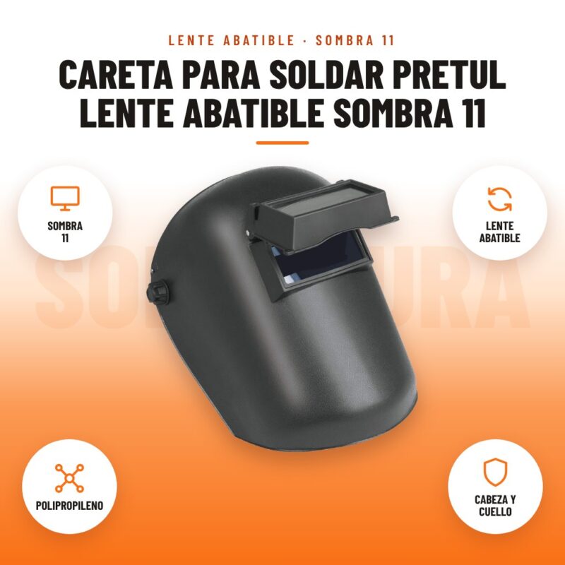 Careta para Soldar Pretul Lente Abatible Sombra 11: imagen promocional con sombra 11, lente abatible, polipropileno, cabeza y cuello