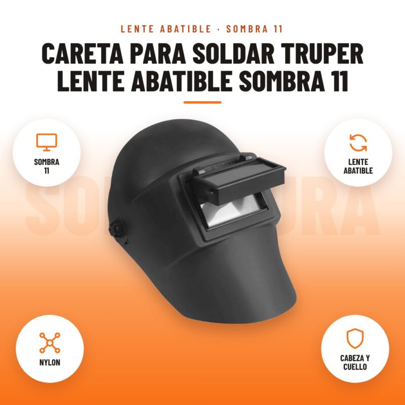 Careta para Soldar Truper Lente Abatible Sombra 11: imagen promocional con sombra 11, lente abatible, nylon, cabeza y cuello