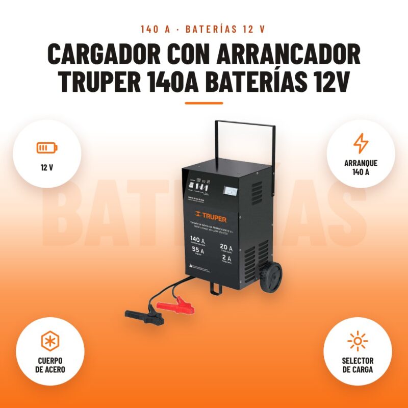Cargador con Arrancador Truper 140A Baterías 12V: imagen promocional con 12 v, arranque 140 a, cuerpo de acero, selector de carga