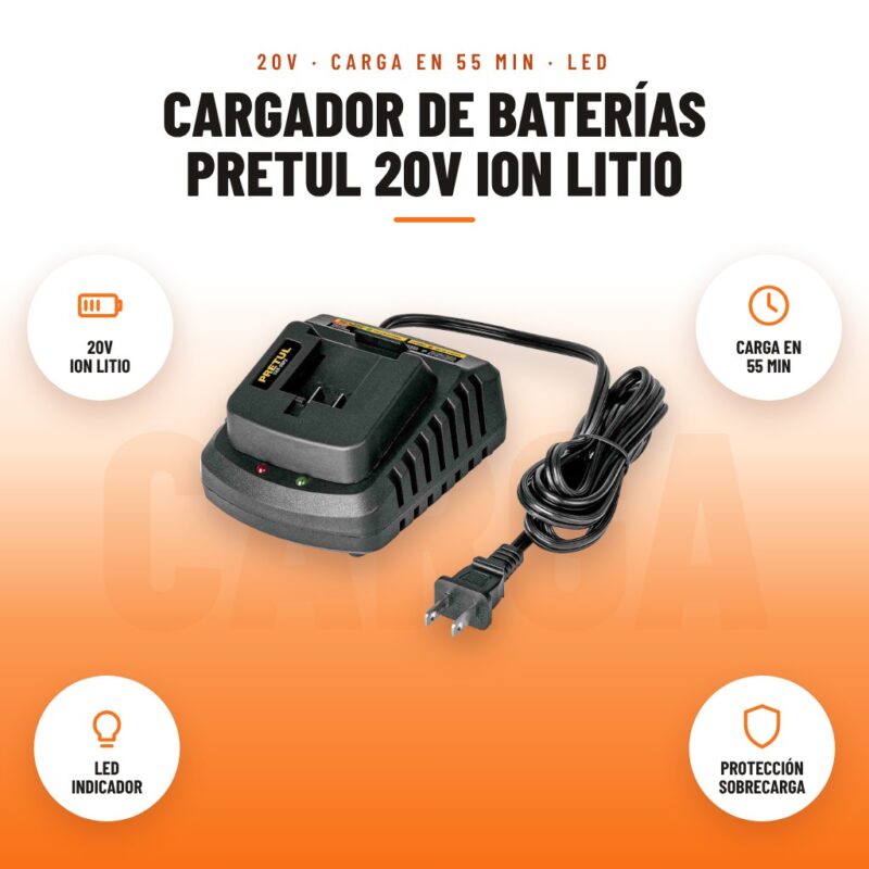 Cargador de Baterías Pretul 20V Ion Litio: imagen promocional con 20v ion litio, carga en 55 min, led indicador, protección sobrecarga