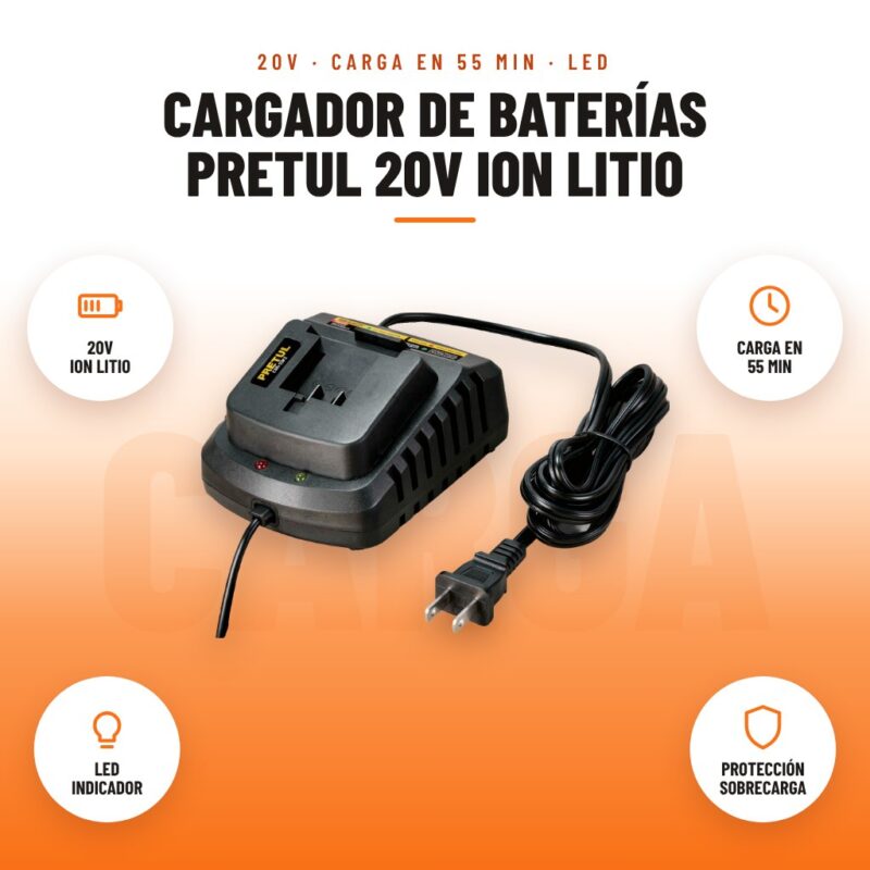 Cargador de Baterías Pretul 20V Ion Litio: imagen promocional con 20v ion litio, carga en 55 min, led indicador, protección sobrecarga