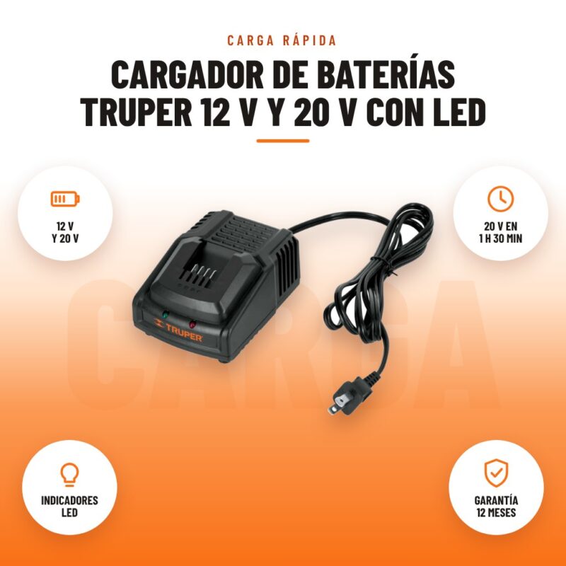 Cargador de Baterías Truper 12 V y 20 V con LED: imagen promocional con 12 v y 20 v, 20 v en 1 h 30 min, indicadores led, garantía 12 meses
