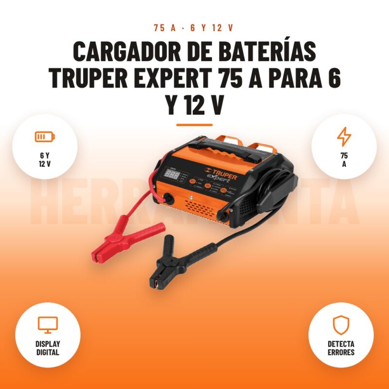 Cargador de baterías Truper Expert 75 A para 6 y 12 V: imagen promocional con 6 y 12 v, 75 a, display digital, detecta errores