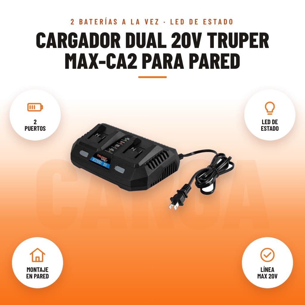 Cargador Dual 20V Truper MAX-CA2 para Pared: imagen promocional con 2 puertos, led de estado, montaje en pared, línea max 20v