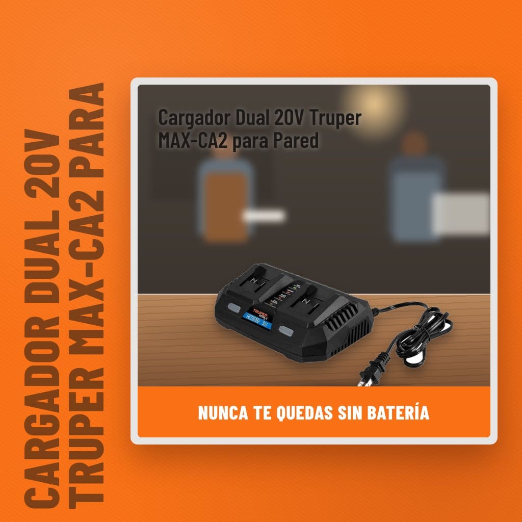 Cargador Dual 20V Truper MAX-CA2 para Pared en un taller con un profesional al fondo