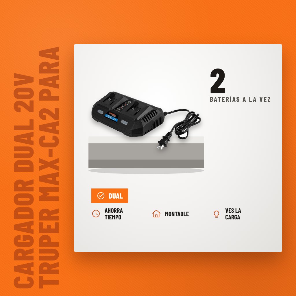 Cargador Dual 20V Truper MAX-CA2 para Pared sobre soporte con sus beneficios principales