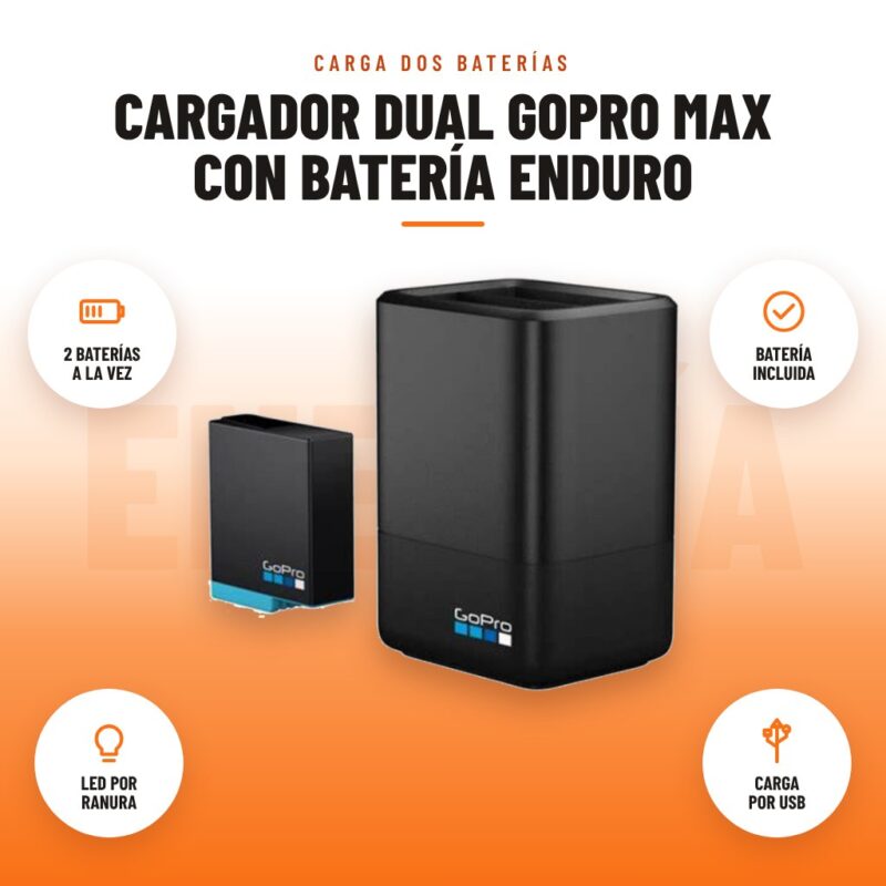 Cargador Dual GoPro MAX con Batería Enduro: imagen promocional con 2 baterías a la vez, batería incluida, led por ranura, carga por usb