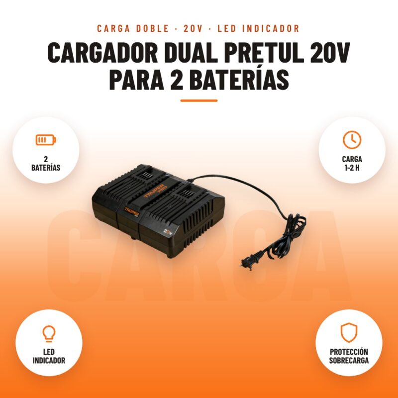 Cargador Dual Pretul 20V para 2 Baterías: imagen promocional con 2 baterías, carga 1-2 h, led indicador, protección sobrecarga